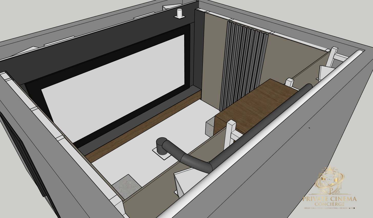 Planungsansicht eines Kinoraums mit Leinwandwand und Akustikverkleidung