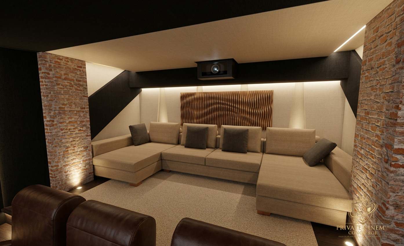 Fotorealistisches Rendering eines Kinoraums mit Sitzlandschaft, Holzelement und Ziegelwand