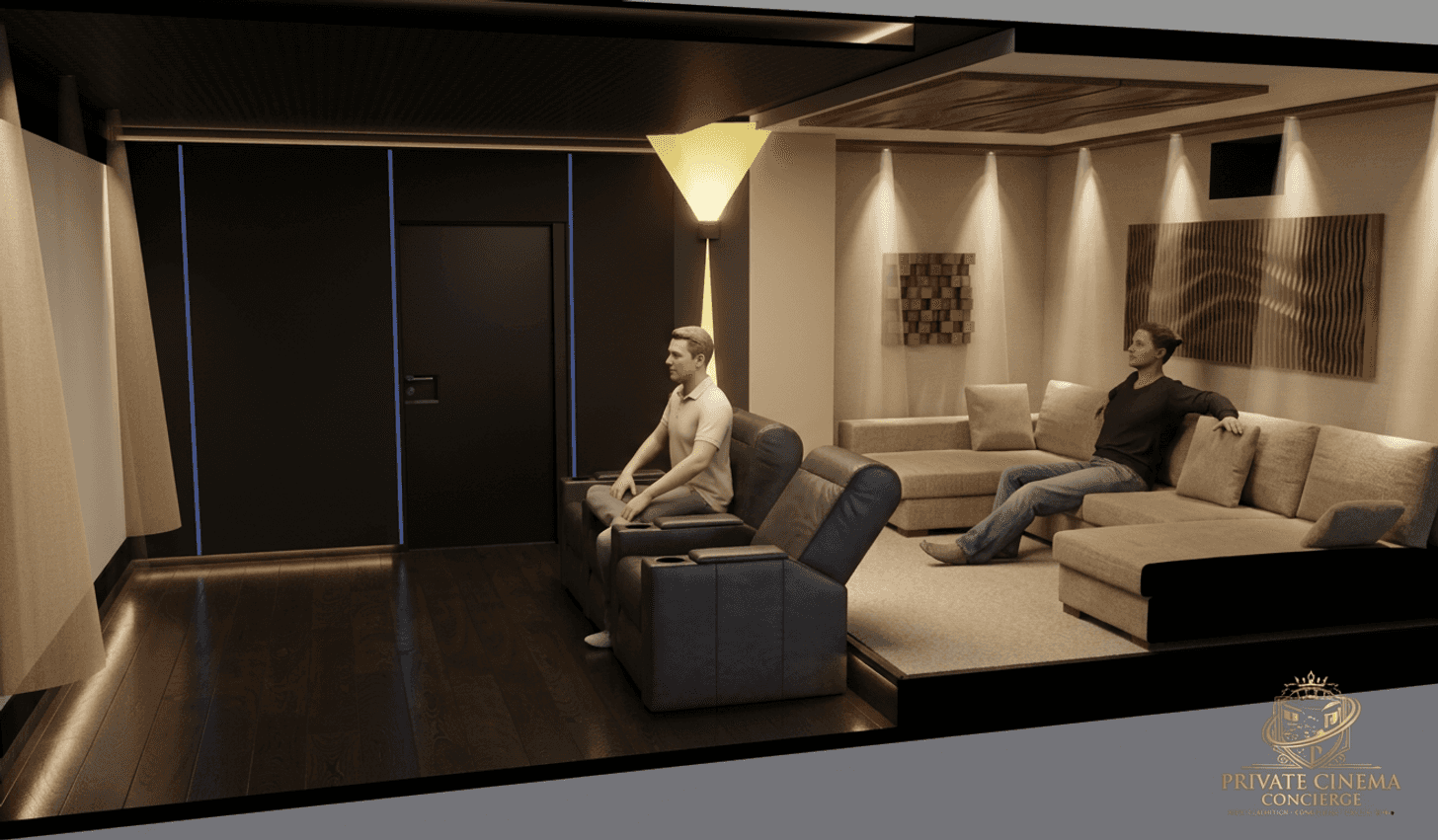 Designstudie: Lounge mit Sitzlandschaft und Lichtführung